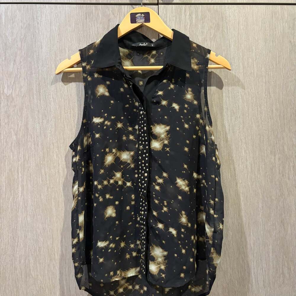 Papaya Y2K Black Gold Celestial Starburst Sheer Studded Sleeveless Blouse M